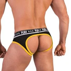 Push - Slip Premium Mesh Hole - Noir/jaune -Poppers Soldes Boutique push slip premium mesh hole noir jaune 2 1 7667